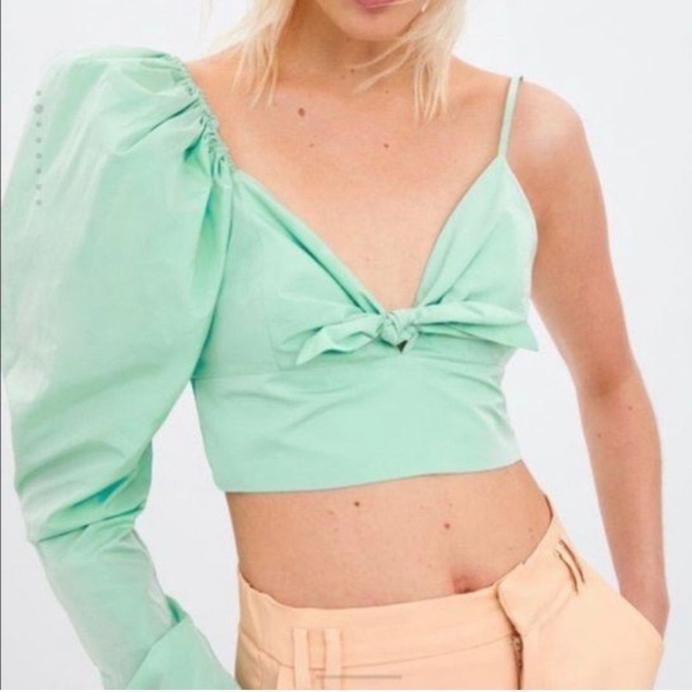 Zara Mint Green Puff Sleeve One Shoulder Crop Top - S, limited edition!